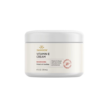A 4 fl oz (118 mL) container of Swanson Vitamin E Cream, a nourishing antioxidant skincare solution that is paraben-free and enriched with select herbs and botanicals.